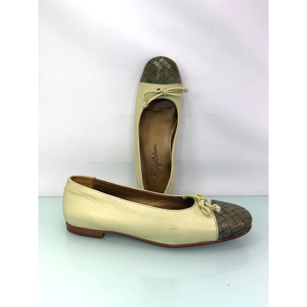 Tommy Bahama Ballet Flats Women 7 Olive Green Leather Woven Cap Toe Bow